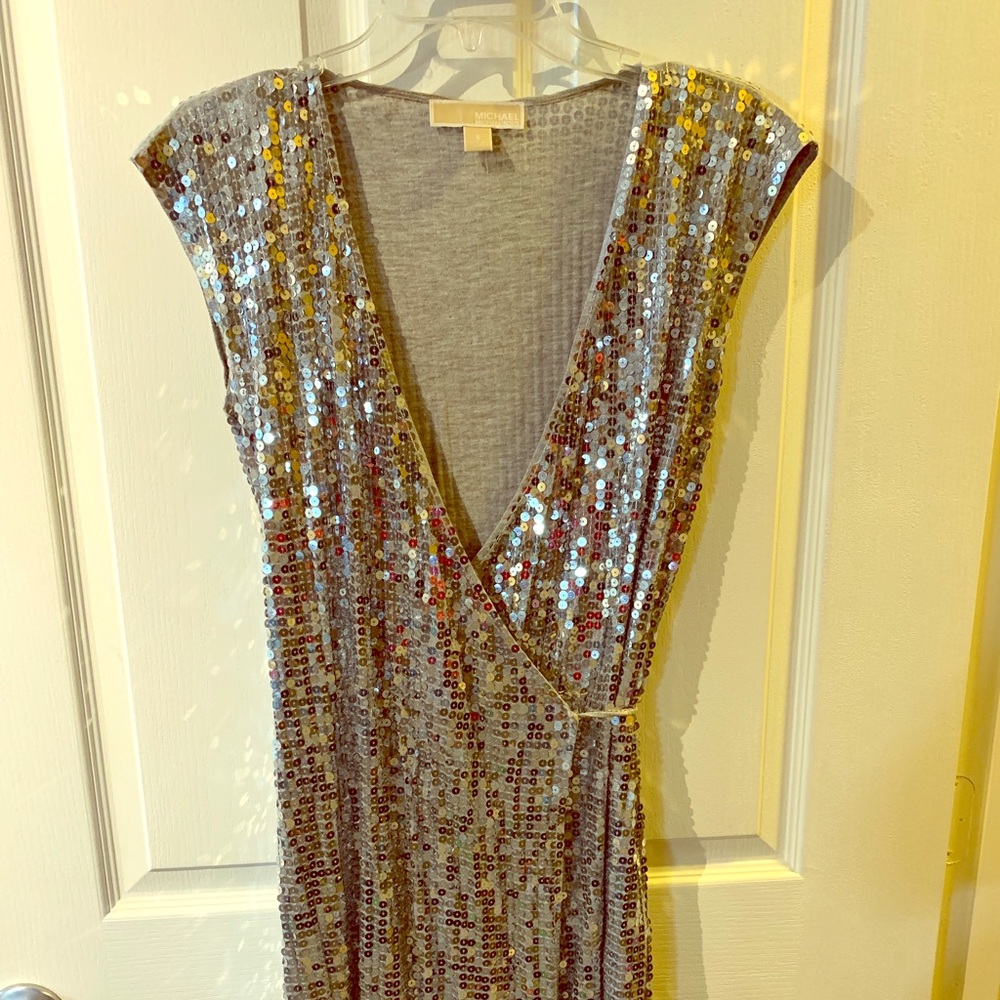 Michael Kors Silver Sequined Wrap Dress, Small
